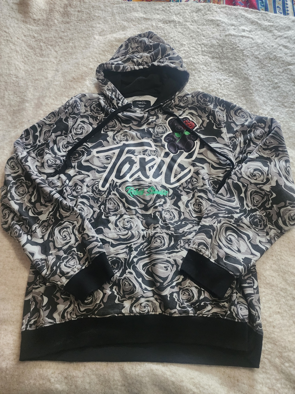 Toxic Rose Graphic Hoodie in Black & Gray with Green Accent Street Wear Grung